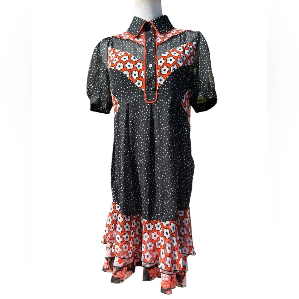 Diane Von Furstenberg Lou Silk Size 6 Retro Mixed Print Collared Babydoll Dress